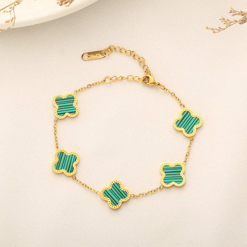 Four Leaf Clover Bracelet Flower Bracelet , Five Flower 18k Gold Chain Bracelet, Green Malachite, Perfect gift