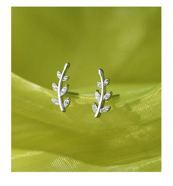 Sterling Silver Tiny Leaves Stud Earrings 2 Colours Available,  Olive Leaf Earrings, Modern Sparkling Stud Earrings Christmas Gift UK